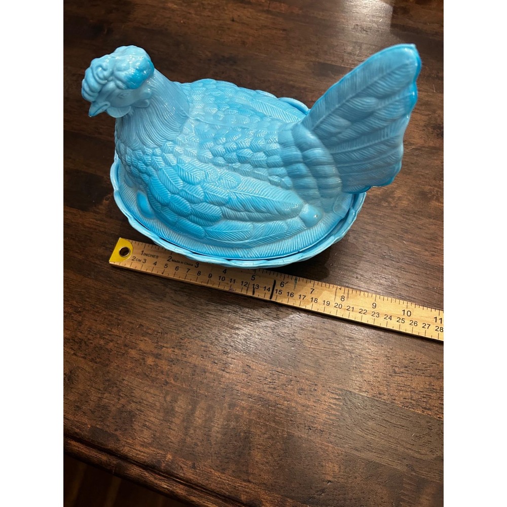 Vintage Blue Slag Glass Hen on Nest Covered Dish Basketweave Candy Bowl XL